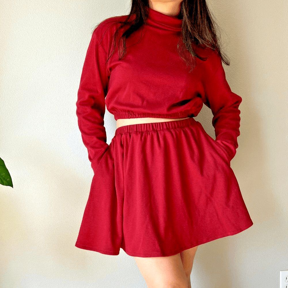 vtg 90s Lands end upcycled reowrked‎ 2 piece skirt crop top set red knit small